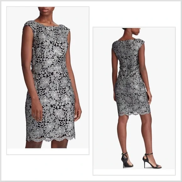Ralph Lauren Women's Lace Sheath Dress Black Silver Size 6 Ralph Lauren Women's Lace Sheath Dress Black Silver Size 6